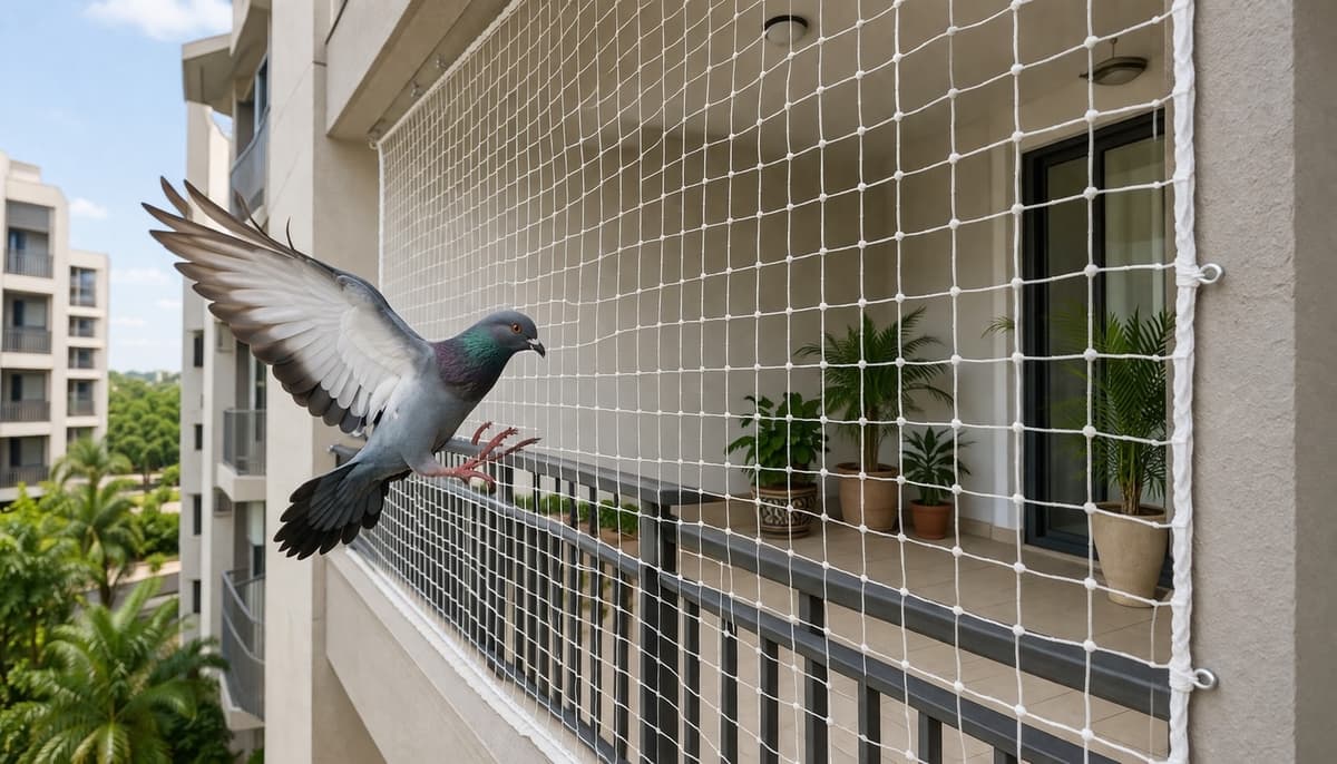 Anti-pigeon bird netting installed on apartment balcony in Ranchi