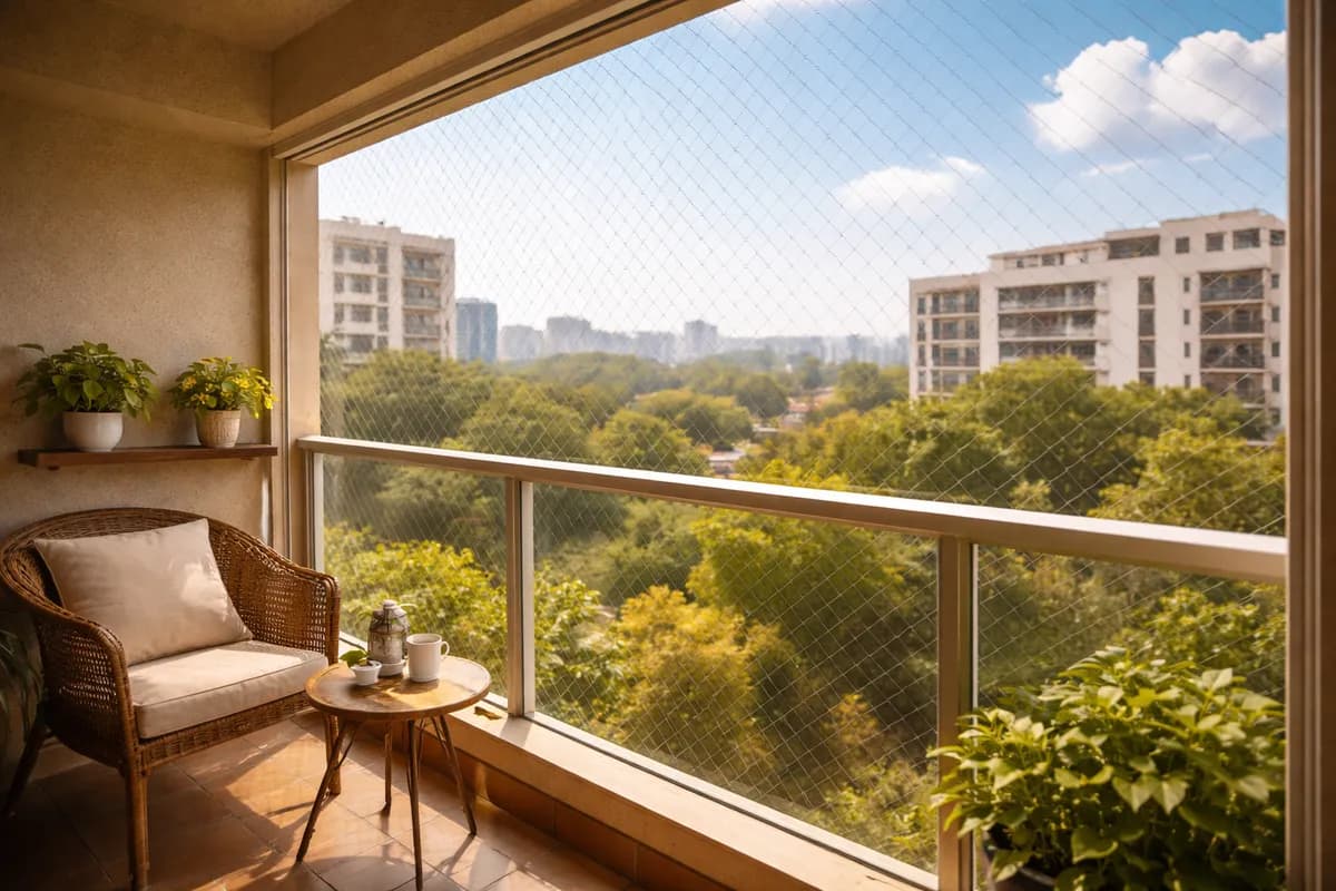Anti-pigeon bird netting installed on apartment balcony to prevent bird entry in Ranchi