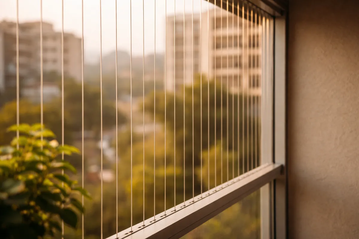 Invisible grill installation on high-rise apartment balcony in Ranchi with SS316 marine-grade steel cables