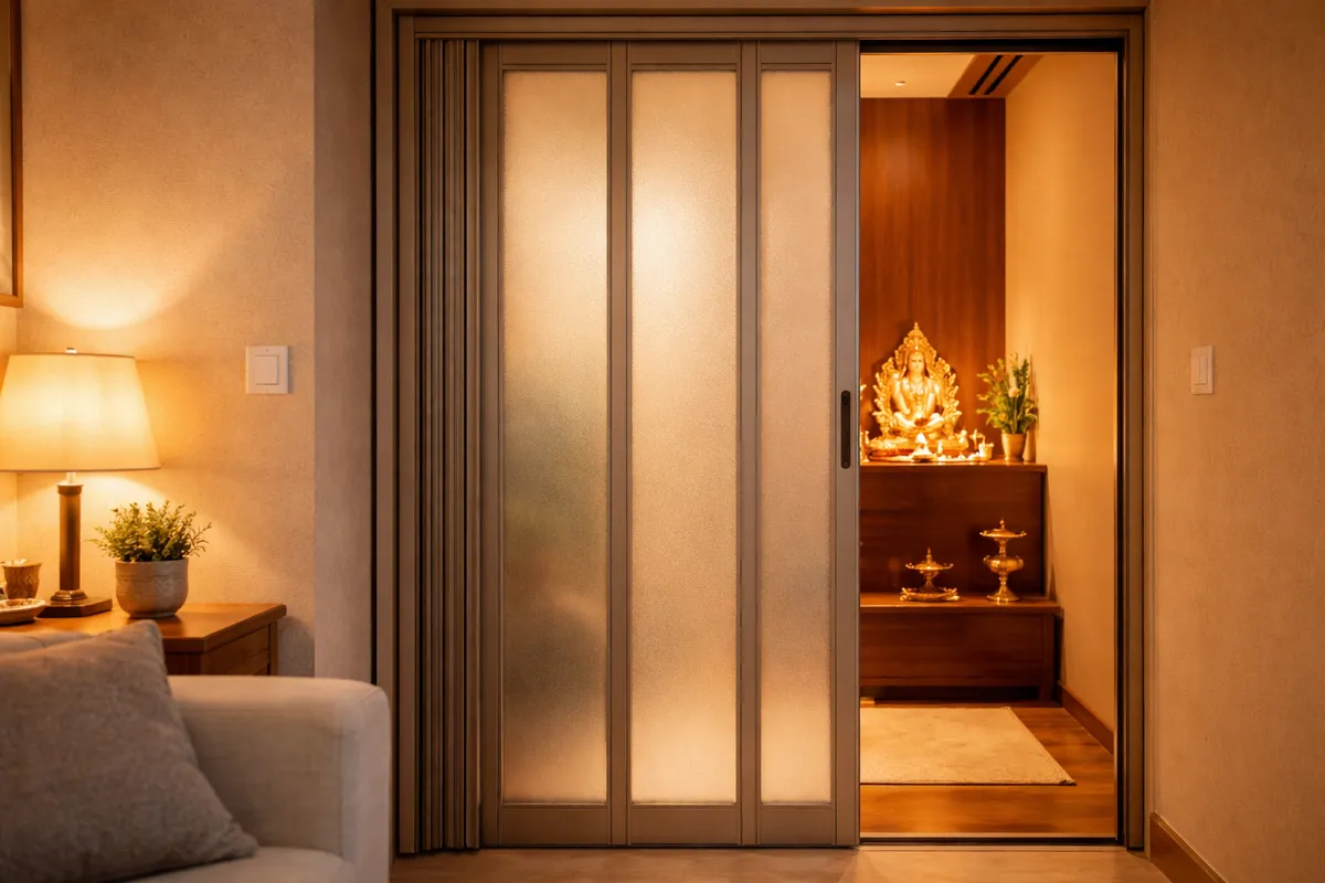 Privacy partition sliding door with collapsible PVC panels dividing living space in Ranchi apartment