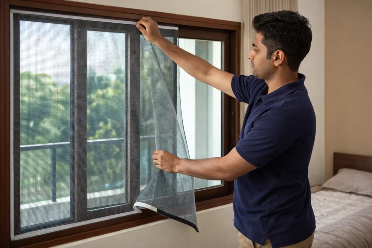 Velcro mosquito net on window frame with easy-to-remove fiberglass mesh screen