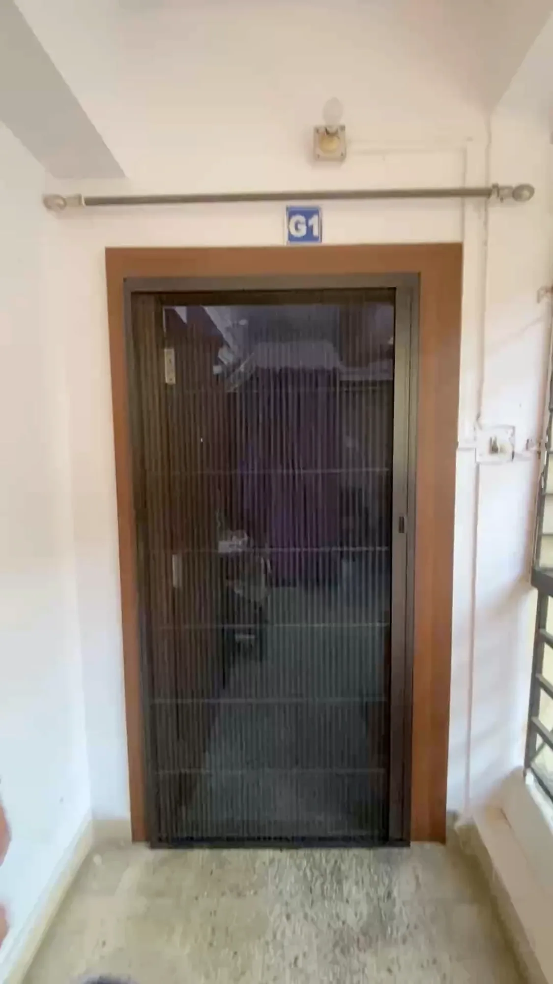 Pleated mosquito net fitted to an apartment entrance door in Ranchi
